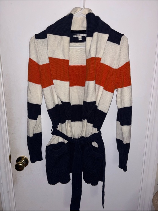 Tommy Hilfiger Sweaters - Vintage Tommy Hilfiger Navy, Cream & Orange Striped Open-Front Belted Cardigan